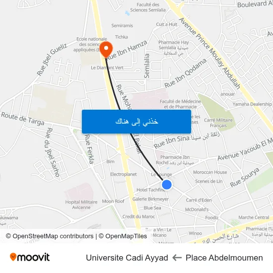 Place Abdelmoumen to Universite Cadi Ayyad map