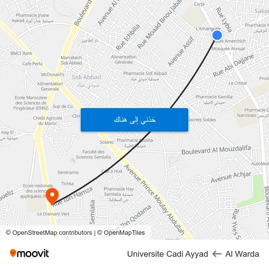 Al Warda to Universite Cadi Ayyad map