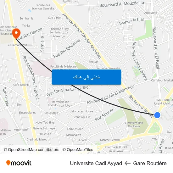 Gare Routière to Universite Cadi Ayyad map