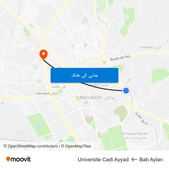 Bab Aylan to Universite Cadi Ayyad map