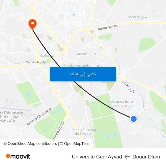 Douar Dlam to Universite Cadi Ayyad map