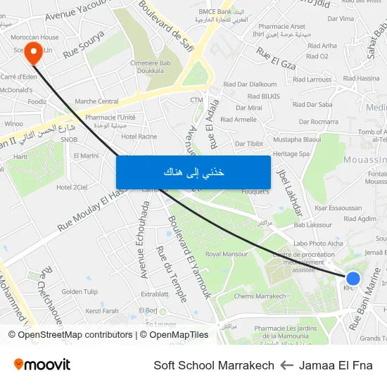 Jamaa El Fna to Soft School Marrakech map