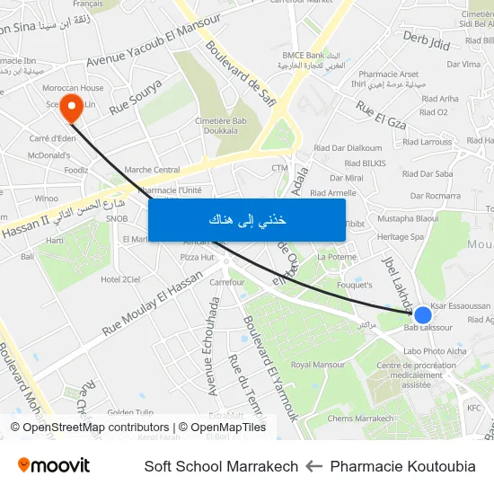 Pharmacie Koutoubia to Soft School Marrakech map