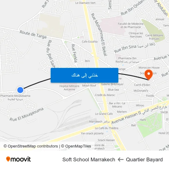 Quartier Bayard to Soft School Marrakech map