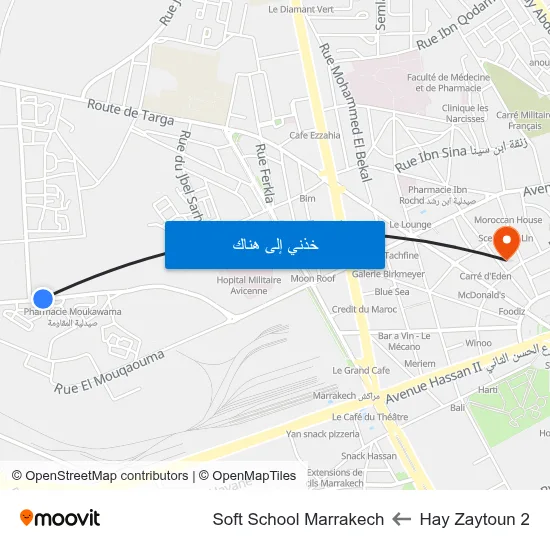 Hay Zaytoun 2 to Soft School Marrakech map