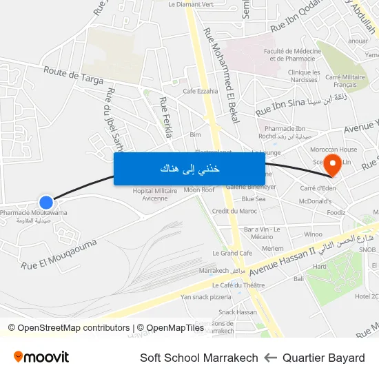 Quartier Bayard to Soft School Marrakech map
