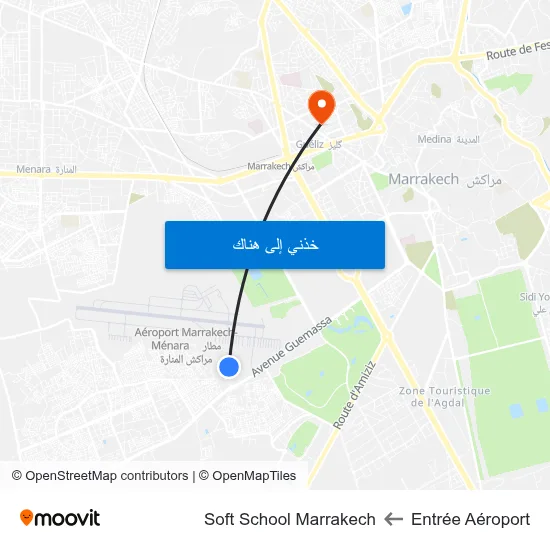 Entrée Aéroport to Soft School Marrakech map