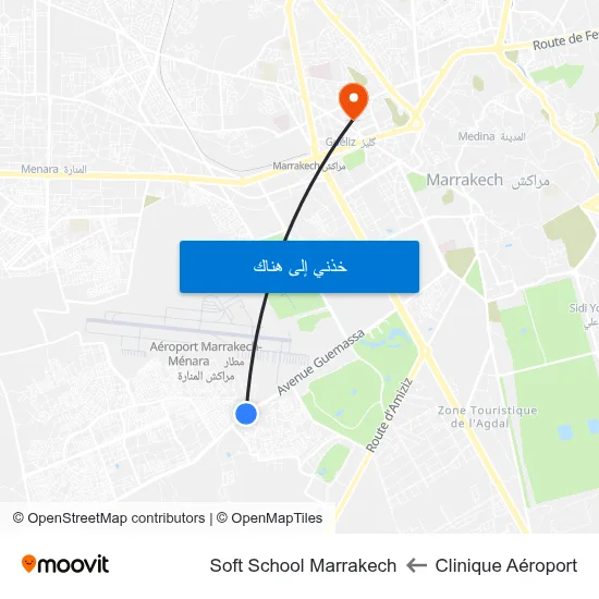 Clinique Aéroport to Soft School Marrakech map