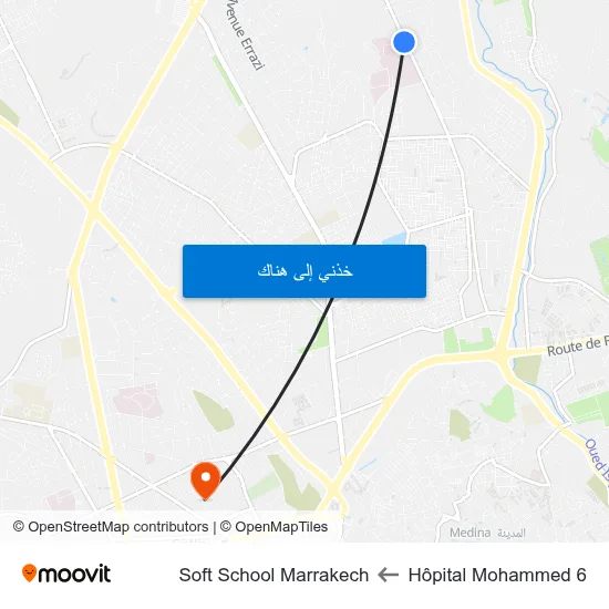 Hôpital Mohammed 6 to Soft School Marrakech map