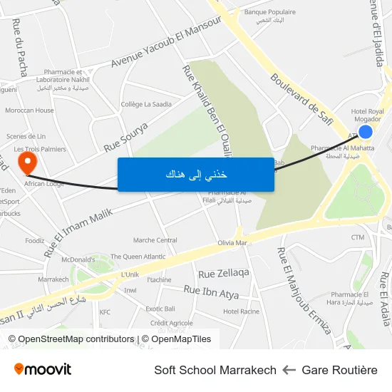 Gare Routière to Soft School Marrakech map