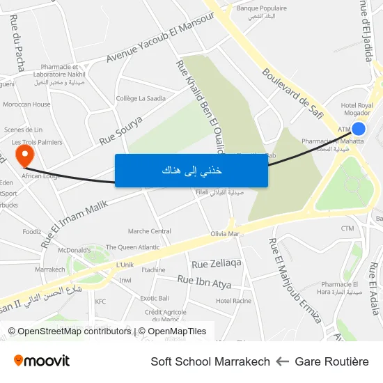 Gare Routière to Soft School Marrakech map