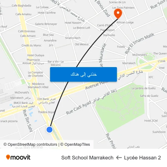 Lycée Hassan 2 to Soft School Marrakech map