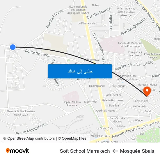 Mosquée Sbais to Soft School Marrakech map
