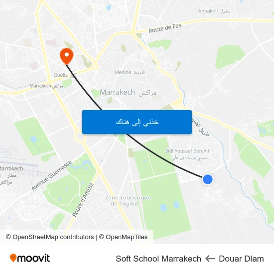 Douar Dlam to Soft School Marrakech map