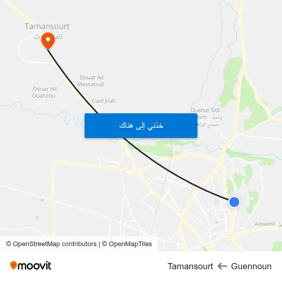 Guennoun to Tamansourt map