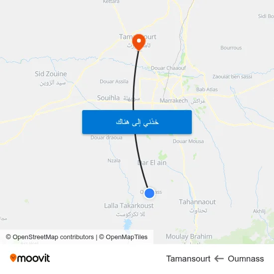 Oumnass to Tamansourt map