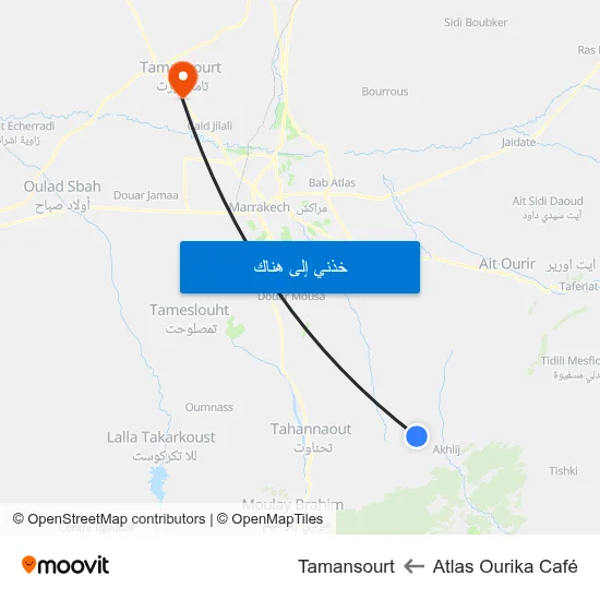 Atlas Ourika Café to Tamansourt map