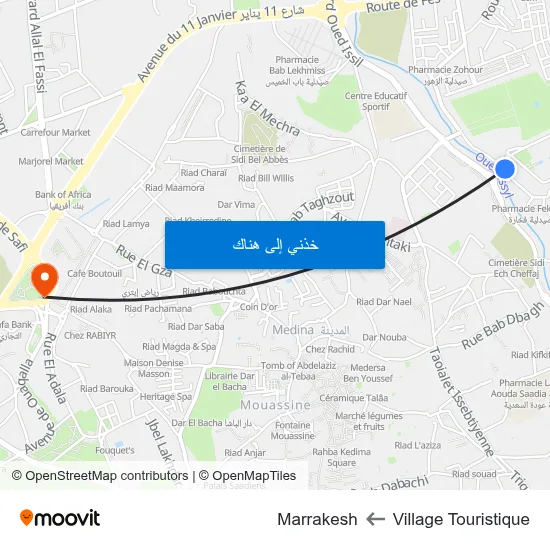 Village Touristique to Marrakesh map