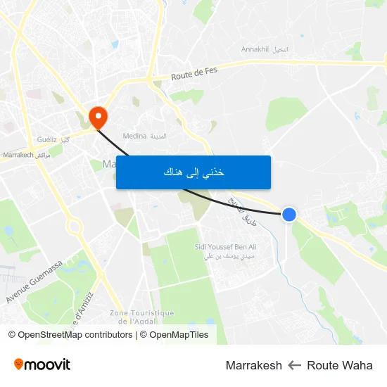 Route Waha to Marrakesh map