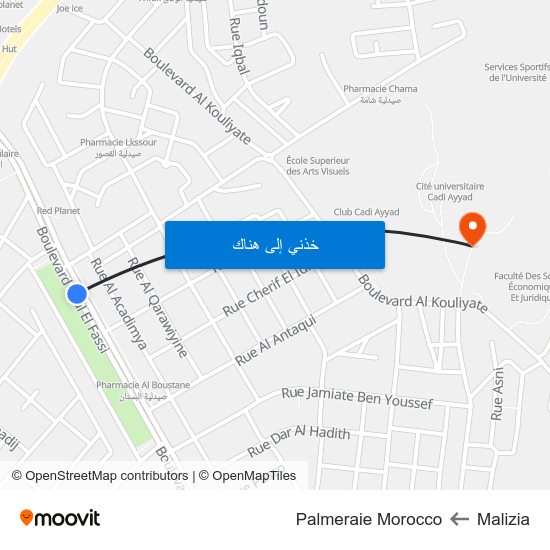 Malizia to Palmeraie Morocco map