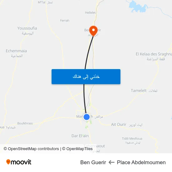Place Abdelmoumen to Ben Guerir map