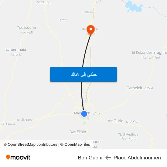 Place Abdelmoumen to Ben Guerir map