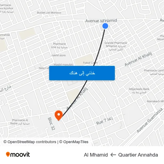 Quartier Annahda to Al Mhamid map