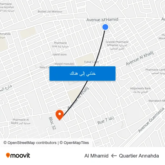 Quartier Annahda to Al Mhamid map