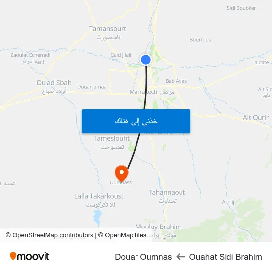 Ouahat Sidi Brahim to Douar Oumnas map