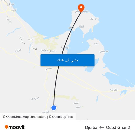 Oued Ghar 2 to Djerba map