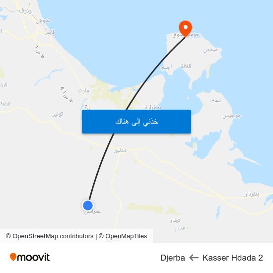 Kasser Hdada 2 to Djerba map