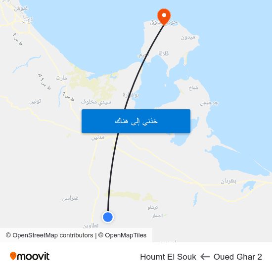 Oued Ghar 2 to Houmt El Souk map