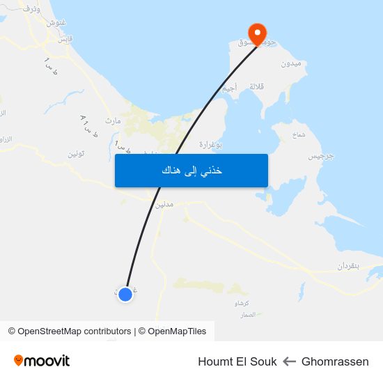 Ghomrassen to Houmt El Souk map