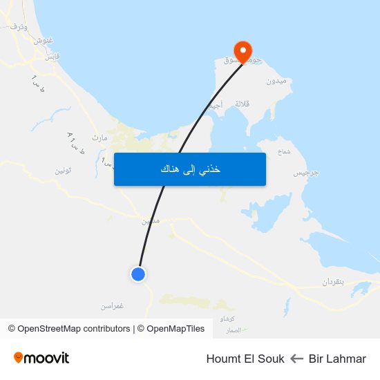 Bir Lahmar to Houmt El Souk map