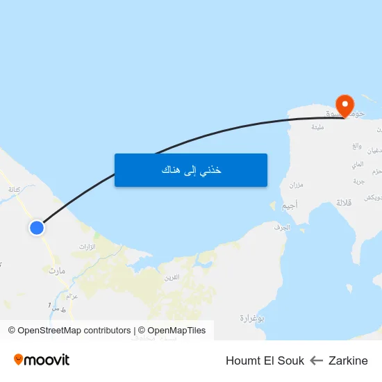 Zarkine to Houmt El Souk map