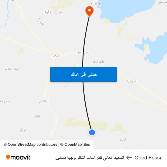 Oued Fessi to المعهد العالي للدراسات التكنولوجية بمدنين map