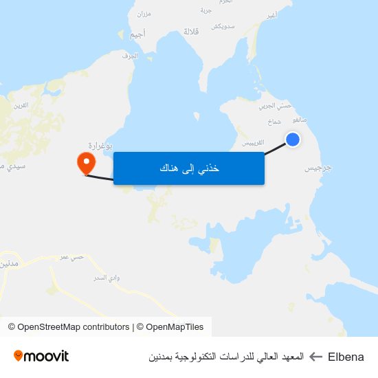 Elbena to المعهد العالي للدراسات التكنولوجية بمدنين map