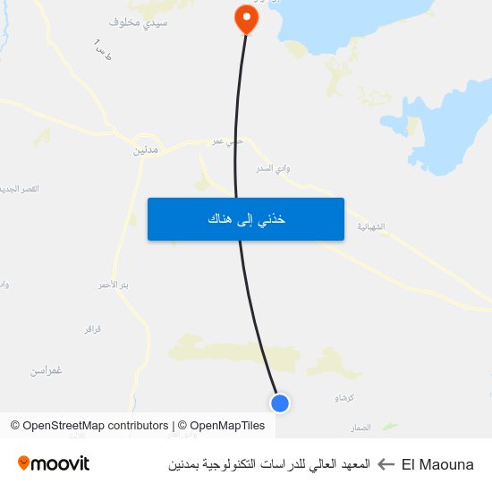 El Maouna to المعهد العالي للدراسات التكنولوجية بمدنين map