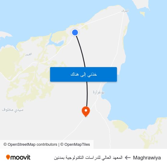 Maghrawiya to المعهد العالي للدراسات التكنولوجية بمدنين map