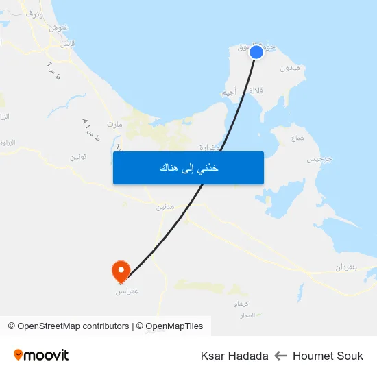 Houmet Souk to Ksar Hadada map
