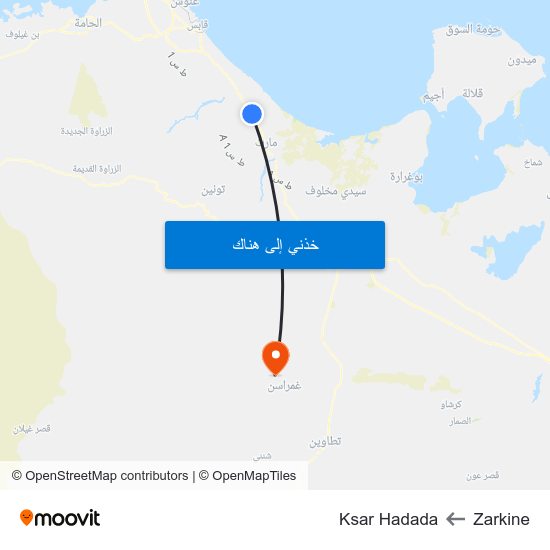 Zarkine to Ksar Hadada map