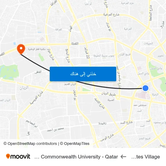 Athletes Village to Virginia Commonwealth University - Qatar map