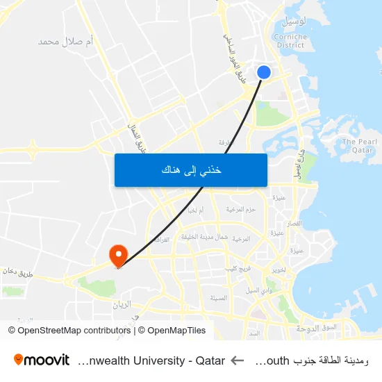 ومدينة الطاقة جنوب Energy City South to Virginia Commonwealth University - Qatar map