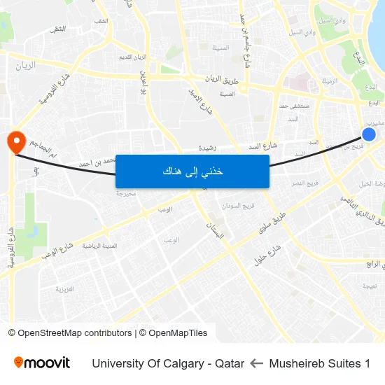 Musheireb Suites 1 to University Of Calgary - Qatar map