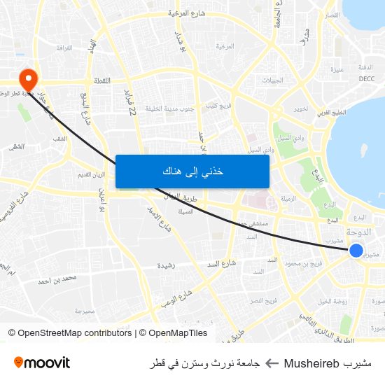 مشيرب Musheireb to جامعة نورث وسترن في قطر map