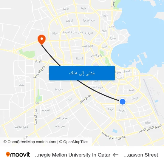 Al Taawon Street to Carnegie Mellon University In Qatar map