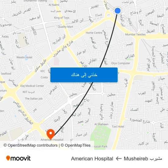 مشيرب Musheireb to American Hospital map