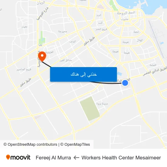Workers Health Center Mesaimeer to Fereej Al Murra map