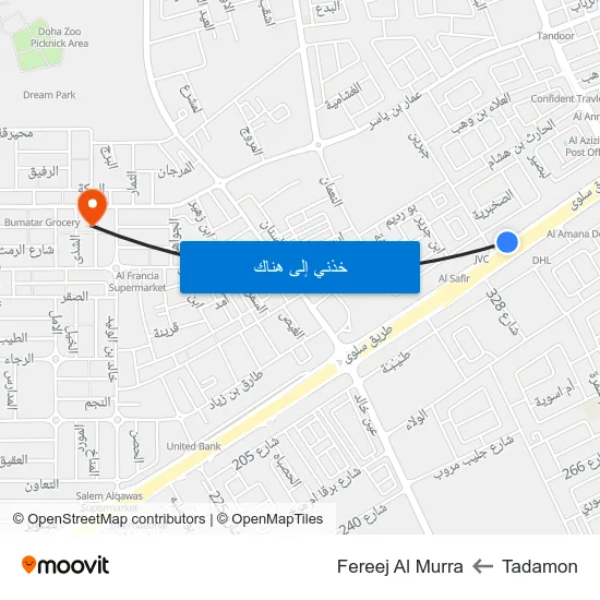 Tadamon to Fereej Al Murra map