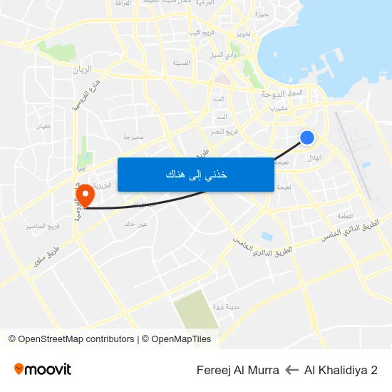 Al Khalidiya 2 to Fereej Al Murra map